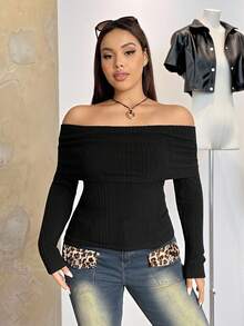 SHEIN EZwear Áo thun dài tay hở vai màu đen cỡ lớn dành cho nữ - màu đen - Xem 3