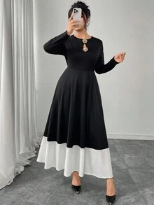Modelyn Váy dài tay chữ A họa tiết hoa hồng vá đen trắng thanh lịch, cỡ lớn, phù hợp cho mùa xuân và mùa thu - Đen và trắng - Xem 4