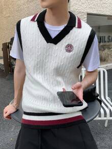 Manfinity EZcore 男士休闲通勤撞色边饰麻花针织毛衣背心，秋冬 - 白色 - 查看 6