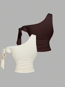 SHEIN MOD 2件不对称蝴蝶金属3D花朵装饰女式衬衫 - 彩色 - 查看 2