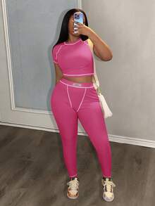 Slaydiva 2025 春夏新款休闲街头百搭运动基础修身绿色圆领短袖短款T恤和撞色腰裤女两件套，适合音乐节、复活节、西部游牧风格、乡村风格、婚礼嘉宾、日常旅行、毕业季、派对聚会、俱乐部、运动健身、瑜伽 - B - 玫紅色 - 查看 5