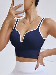 Seamluxe SHEIN Sport Women Solid Color Seamless High Intensity Fixed Cup Sports Racerback Bra,Sports Bras Without Removable Pads ,Sports Bra With Sewn-In Pads, High Impact Support With Non-Removable Pads Molded Cups,For Women High Support Racerback,Workout, Yoga,  Running Sports Bra V Neck Sports Bra Navy Blue Sports Bra Yoga Top With Bra Sports Bra With Sewn-In Cups Bras For Women Sport Yoga Bra