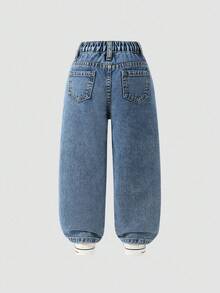 SHEIN Pantalones cargo de mezclilla rectos con pierna recta, lavado azul claro, con múltiples bolsillos, estilo vintage de calle, desgastados y rotos, para niña joven - Azul lavado oscuro - Ver 2