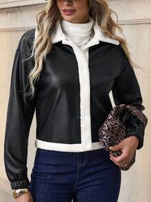 SHEIN Clasi Jachetă casual din fleece cu umeri căzuți, cu nasturi, pentru femei, toamnă/iarnă - Negru - Vizualizare 5