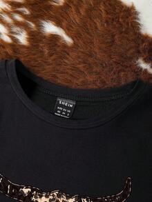 SHEIN Essnce 休闲复古豹纹西部牛仔图案女式T恤