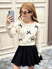 SHEIN Tween Girl Casual Cable Knit Intarsia Plain Crew Neck Bowknot Long Sleeve Sweater & Pleated Skirt 2-Piece Set, Back To School,Halloween ,Perfect For Christmas,Bow Pullover Set,In Fall/Winter