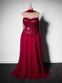 Viva Relle 大码女士优雅华丽亮片雪纺连衣裙，适合宴会、派对、婚礼、新年等场合，无肩带闪亮收腰飘逸雪纺长裙 - 酒紅色 - 查看 2