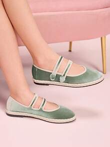 CUCCOO DOLLMOD Giày bệt Mary Jane nhung thanh lịch dành cho nữ có quai đôi song song, thoải mái và thời trang, màu xanh lá cây nhạt - Màu xanh nhạt - Xem 7