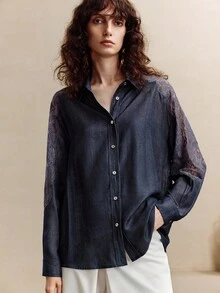 EMERY ROSE 女士粘胶纤维面料长袖蕾丝镂空刺绣设计内衣，日常休闲通勤蓝色衬衫，适合秋季女士商务休闲、办公室女性工作场合穿着，纽扣衬衫，女士工作装 - 藍色 - 查看 4