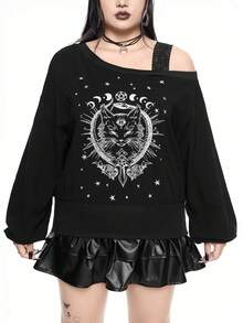 ROMWE Goth Plus Size Loose Shoulder Contrast Lace Cat Embroidery Sweatshirt - Black - View 2