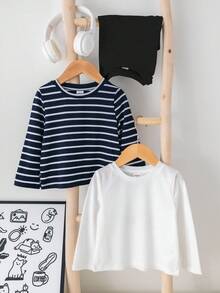 SHEIN 男婴三件套春秋季黑白条纹纯色圆领长袖上衣，柔软舒适，休闲百搭，适合居家及户外穿着，时尚秋冬款 - 彩色 - 查看 6