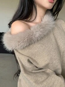 DAZY 女士宽松休闲纯色简约毛绒领毛绒拼接斜肩长袖毛衣，秋冬 - 杏色 - 查看 6