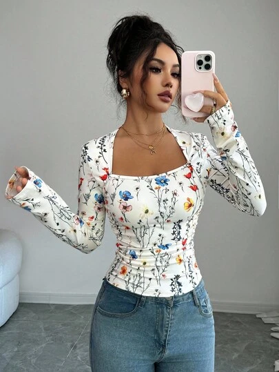 Elenzga Camiseta feminina elegante com decote em U e estampa floral, cintura franzida, manga comprida, adequada para o dia a dia feminino, festas, deslocamento, outono/inverno