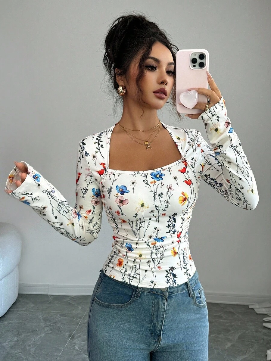 Elenzga 女士优雅 U 领花卉印花褶皱腰长袖 T 恤上衣，适合女性日常生活、聚会、通勤、秋冬季 - 彩色 - 查看 1