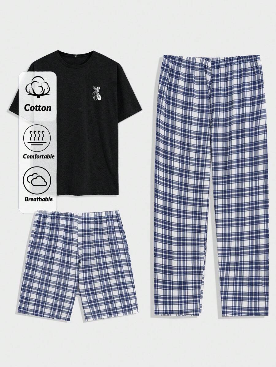 3pcs Men's Plaid Pocket T-Shirt, Shorts And Pants Pajama Set - Black - View 1
