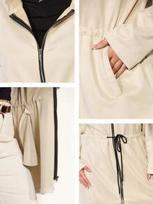 Momelise Neue Damen Jacke in Große Größen für Herbst/Winter, lässig mit Kapuze, Kordelzug, knielang in Beige, mit Taschen und Reißverschluss, tailliert, minimalistisch & vielseitig - Aprikosenfarben - Übersicht 9