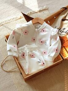 Vintaside Kids 女婴花卉印花圆领长袖棒球领夹克和休闲裤套装，适合露营和居家穿着，适合秋季户外或室内休闲时光 - 白色 - 查看 4