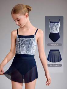 SHEIN 青少年女童紧身衣和芭蕾舞裙套装，修身连体衣，配有可调节天鹅绒和网眼飘逸优雅芭蕾舞裙 - 彩色 - 查看 3