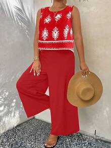 EMERY ROSE Plus Size Women Summer Casual Vacation Floral Satin Print Sleeveless Loose Tank Top And Wide Leg Pants Set