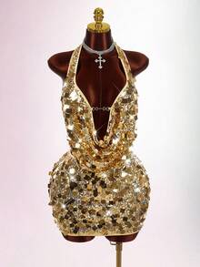 Amplova Conjunto de 2 peças plus size feminino, cor sólida, com decote drapeado e minissaia justa, sexy e moderno - Ouro - Ver 1