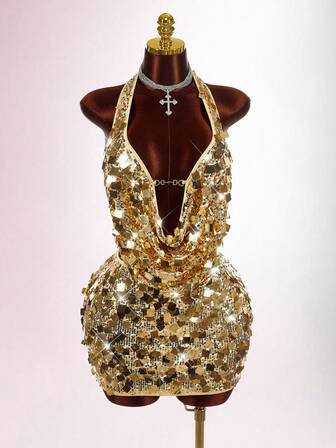 Amplova Plus Size Women's Solid Color Draped Neck Top And Bodycon Mini Skirt Sexy Fashion 2 Pieces Set Gold Cocktail Dress