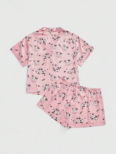 Kawaii Ensemble de pyjama en soie imprimé vache grande taille avec Top à col polo et shorts, été