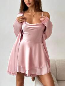 Aloruh Satin Backless Tie-Up Nightgown And Robe Sleepwear Set - Dusty Pink - View 1