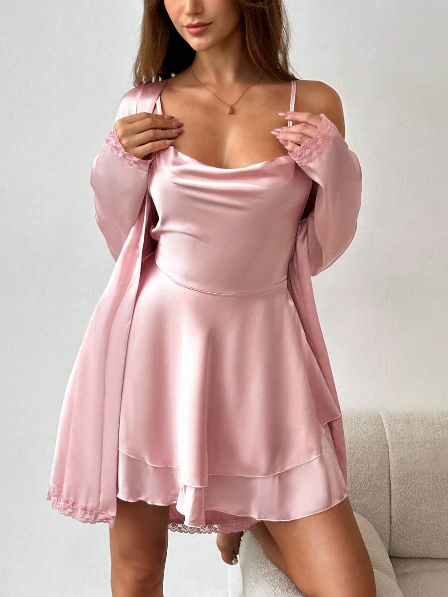 Aloruh Satin Backless Tie-Up Nightgown And Robe Sleepwear Set - Dusty Pink - View 1