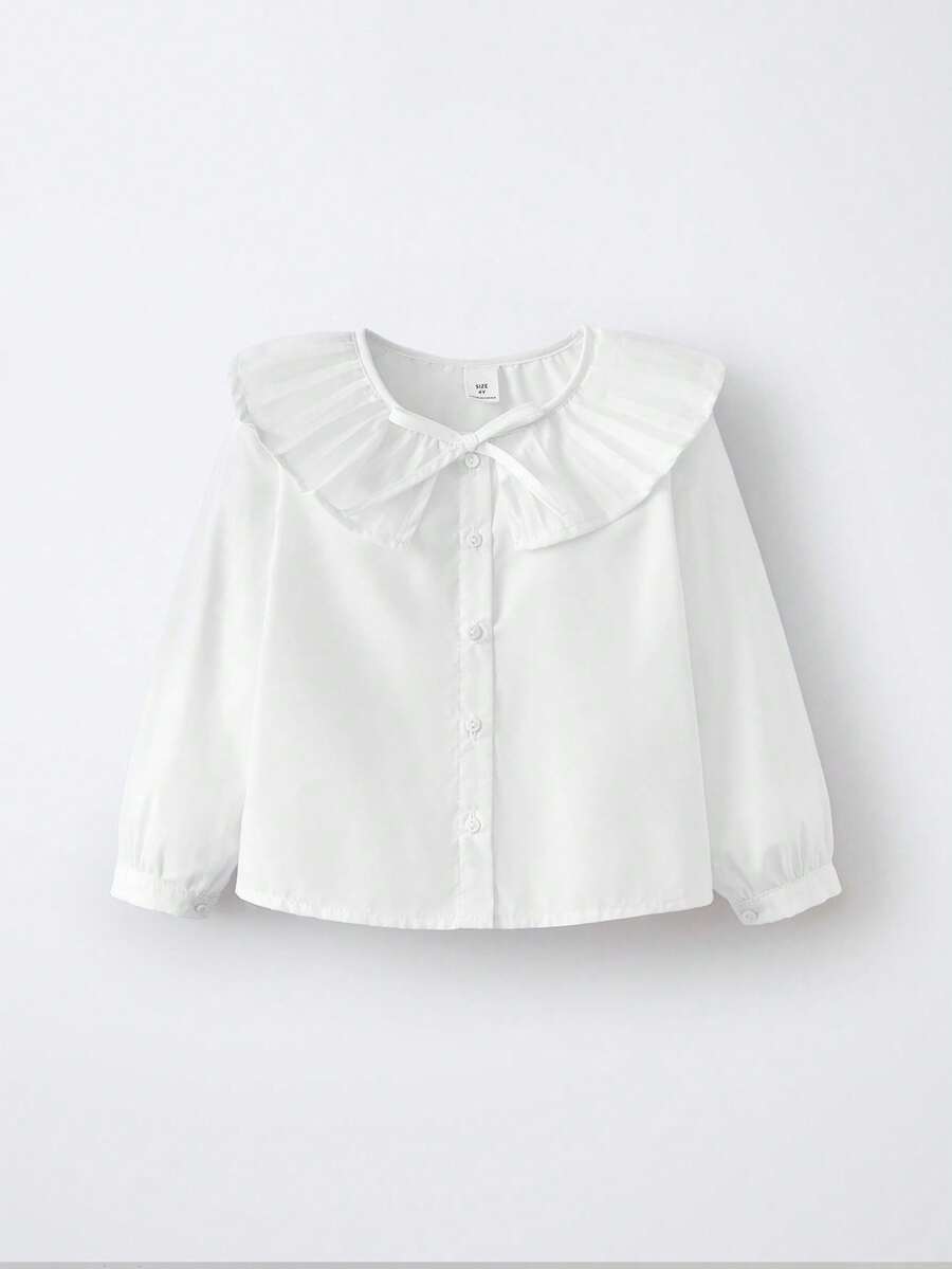 Maija Kids Maija Kids 年轻女孩白色褶皱荷叶边领蝴蝶结休闲长袖衬衫 - 白色 - 查看 1