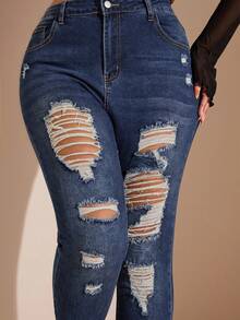 SHEIN BAE Plus Size Washed Ripped Jeans, Fall Women Clothes - Blue - View 9