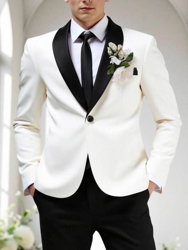 SHEIN 2pcs/Set Teen Boy Gentleman Outfit - White Collar Slim Fit Single Layer Blazer + Black Formal Trousers, Elegant, Casual Outdoor Formal Suit Suitable For Birthday Party, Evening Event, Performance, Hosting, Wedding Season, Back To School Fall Winter
