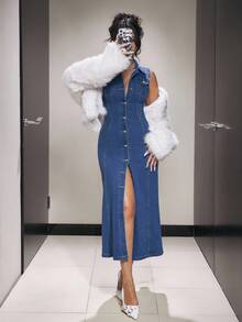 SHEIN PETITE Women's Casual Sleeveless Denim Dress With Lapel And Single-Breasted - Dark Wash - View 1