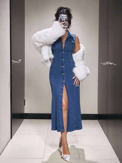 SHEIN PETITE Women's Casual Sleeveless Denim Dress With Lapel And Single-Breasted