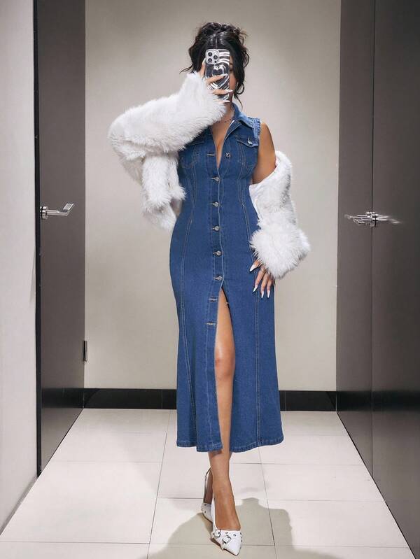 SHEIN PETITE 女式休闲无袖牛仔翻领单排扣连衣裙