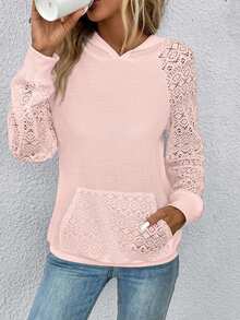 EMERY ROSE Hollow Out Hooded Long Sleeve Sweatshirt - Baby Pink - View 5