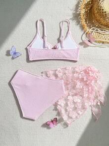SHEIN 女童可爱三件套泳衣套装，带围巾/荷叶边