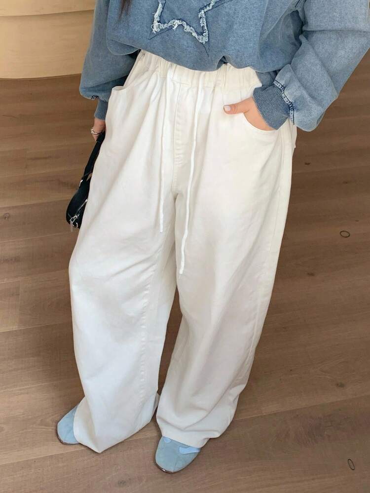 Dazy Plus Plus Size Women's Solid Color Elastic Waist Drawstring White Long Straight Leg Jeans, All Season