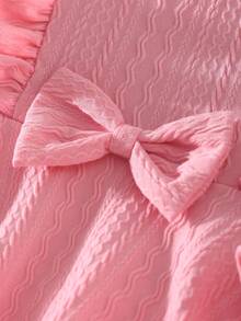 Girls Casual Elegant Daily Round Neck Raglan Long Sleeve Ruffle Waist Bow Textured Fabric T-Shirt With Elastic Waist Solid Color Pants Set, Suitable For All Seasons Fall Winter - Pink - View 5