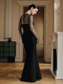 Anewsta 女式高端优雅性感时尚闪亮网眼水钻拼接A字长裙