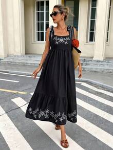 SHEIN Frenchy Women's Embroidered Tie Shoulder Maxi Dress,Black Floral Print Sleeveless Boho Summer Beach Dress,Elegant Vacation Holiday Outfits,Business Casual - Multicolor - View 2