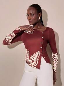 CAJUNI بلوزة نسائية طويلة الأكمام غير متماثلة مطوية الجانب مطبوعة بطبعة أوراق النباتات الاستوائية البوهيمية