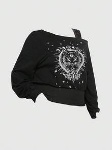 ROMWE Goth Plus Size Loose Shoulder Contrast Lace Cat Embroidery Sweatshirt - Black - View 7