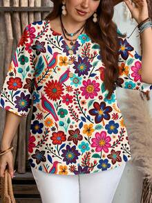 EMERY ROSE Vintage Floral Print Decor Button Notched Neck 3/4 Sleeve Loose Blouse For Plus Size Women, Suitable For Summer Chic Blouses For Women - Multicolor - View 3