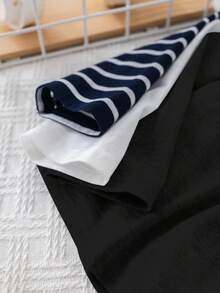 SHEIN 男婴三件套春秋季黑白条纹纯色圆领长袖上衣，柔软舒适，休闲百搭，适合居家及户外穿着，时尚秋冬款 - 彩色 - 查看 9