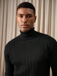 Manfinity Homme Men's Solid Color Turtleneck Long Sleeve Pullover Black Sweater, Versatile For Autumn - Black - View 4