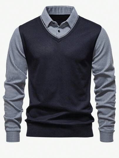 Manfinity Mode Men's Striped Long Sleeve Casual Sweater With Shirt Collar Business Casual Vest Men , Fall Winter