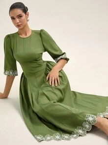 BELROSIE Nouvelle robe d'automne/hiver pour femmes avec manches lanternes, broderie sur les manches 3/4 et l'ourlet, contraste de couleurs, style français minimaliste et élégant avec taille évasée - Vert - Voir 2