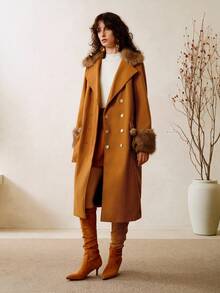 EMERY ROSE 奢华派对优雅法式通勤仿兔毛粗花呢拼布翻领系带长款女式大衣 - 棕色 - 查看 7