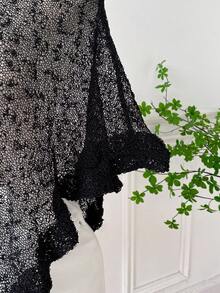 SHEIN EZwear 大码女式绿色荷叶边下摆半透明休闲钩针斗篷，适合夏季外出和约会 - 黑色 - 查看 3