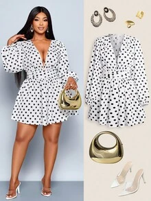 SOLERSUN Mono elegante de mujer con estampado de lunares, cuello en V profundo y cintura ceñida, mono de verano/otoño para mujer - Blanco y Negro - Ver 6